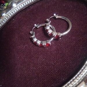 Red glass and silver tone earrings